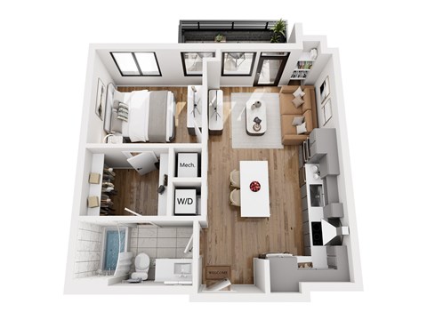 Floor plan for 1 bed, 1 bath, 632 sqft